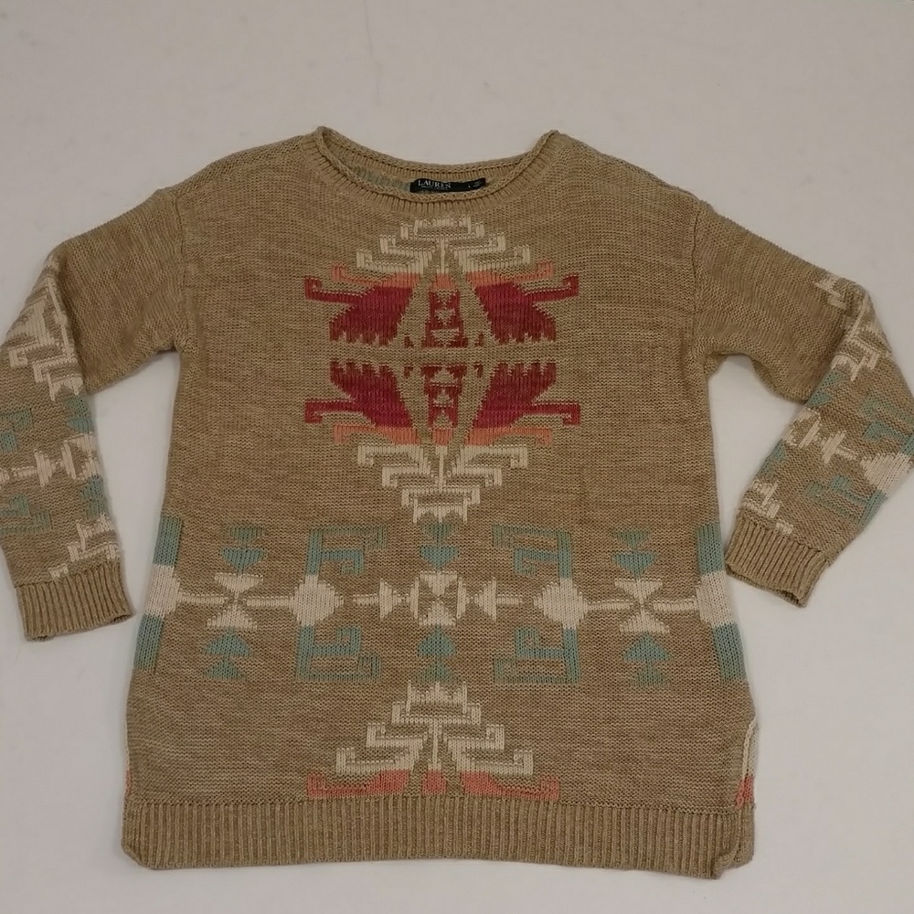 Soft Cotton Linen Blend Knit Sweater Native Neutral Tan & Soft Colors Turquoise - Picture 5 of 8